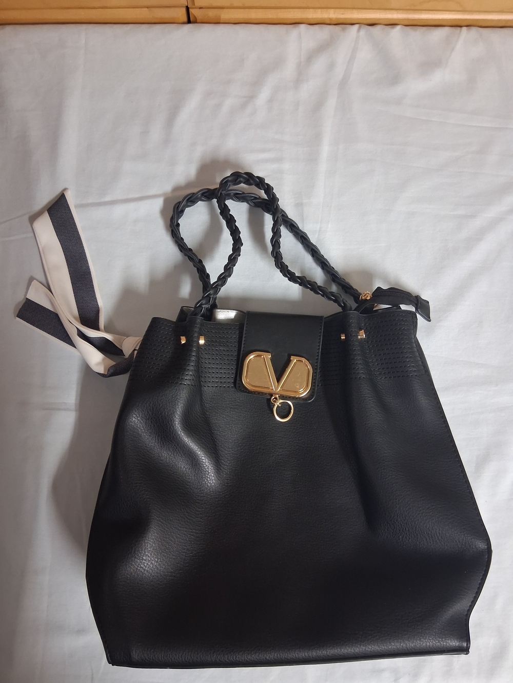 Classic Black Leather Tote Bag with Gold Hardware